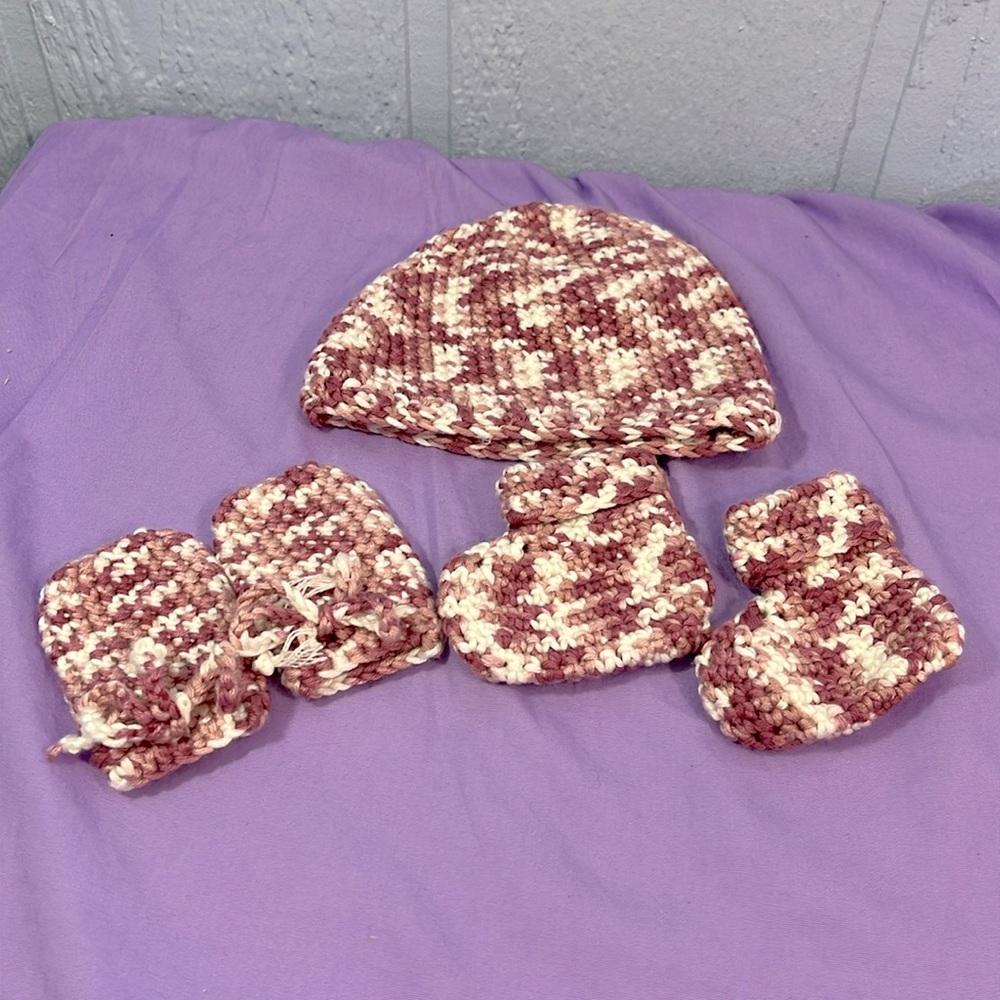 Handmade hat, mittens, and booties set